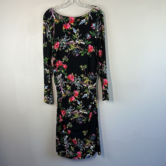 J.Peterman Dark Floral Ruched Side Jersey Knit Midi Dress Size 16 - Picture 2 of 12